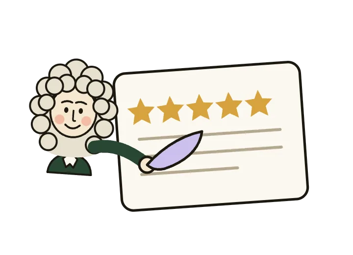Pepys mascot writing a five-star review with its quill