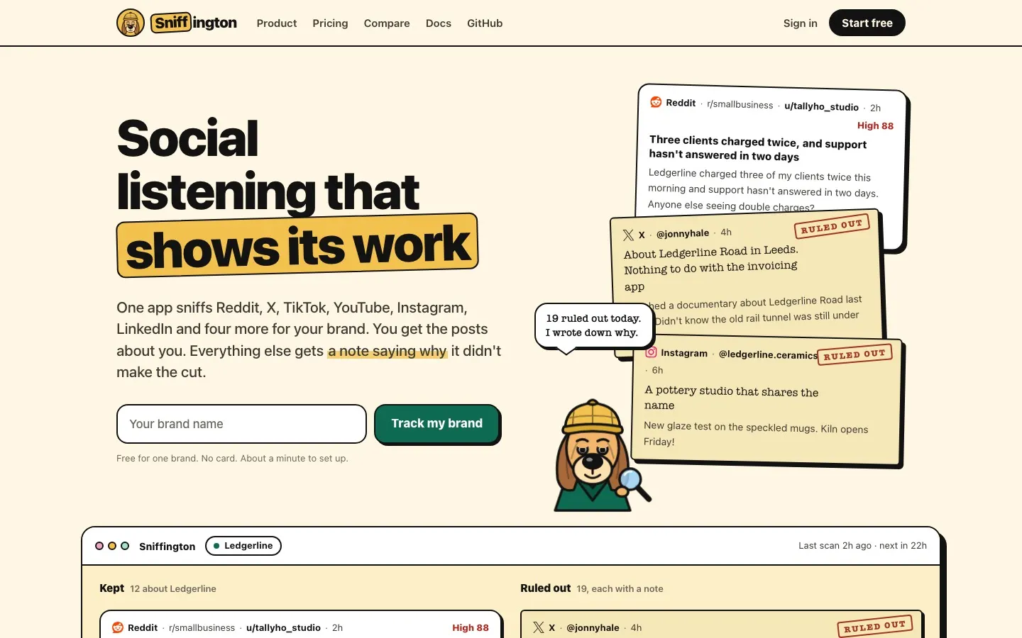 Sniffington's website showing illustrative brand mention and namesake examples